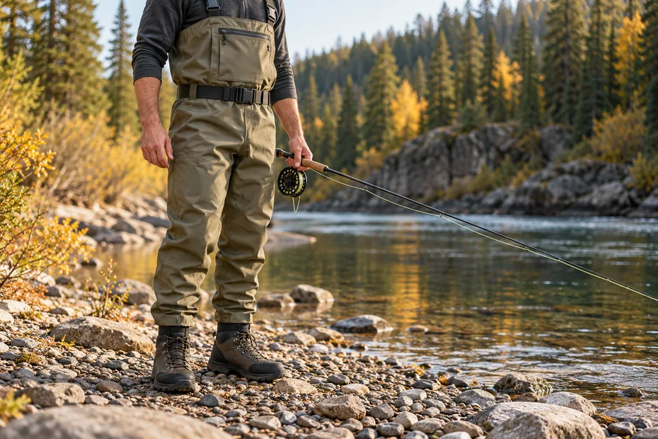 Angler wearing belted chest waders and separate lace-up wading boots on a dry gravel riverbank.