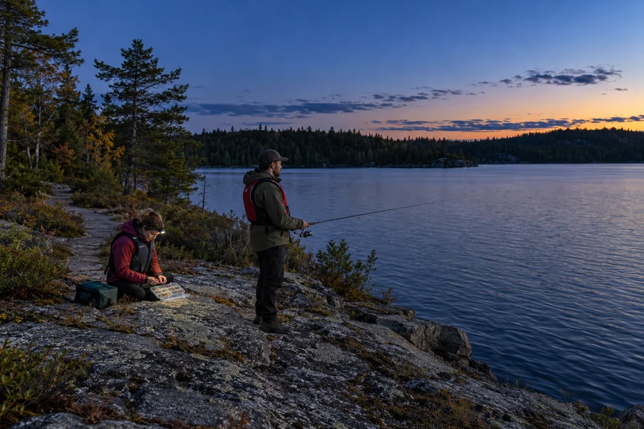 Two adults wearing PFDs fish and prepare tackle on a broad rocky lake shore at blue hour, with a headlamp directed towards their hands.