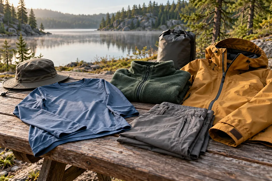 Unbranded sun shirt, fleece and rain shell beside a Canadian lake, AI-assisted editorial illustration