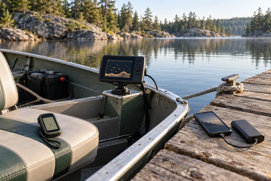 Editorial illustration of a mounted sonar, handheld GPS and separate phone power bank beside a small boat on a Canadian Shield-style lake