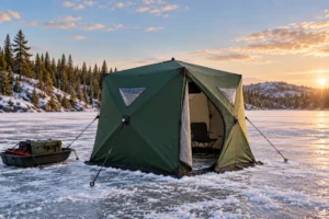 Unbranded insulated hub shelter with anchored guy lines and a gear sled on a snow-dusted forested lake.