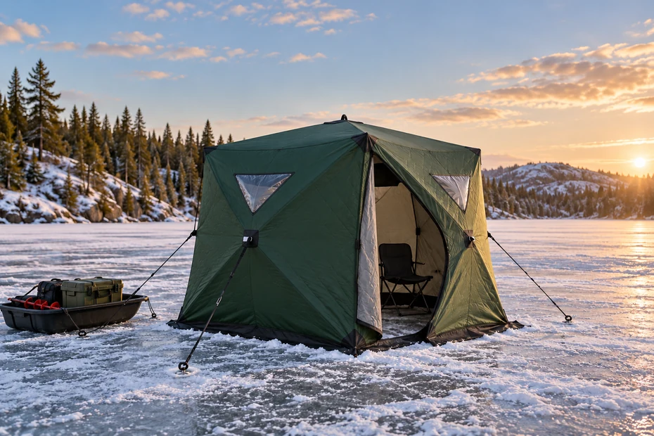 Unbranded insulated hub shelter with anchored guy lines and a gear sled on a snow-dusted forested lake.