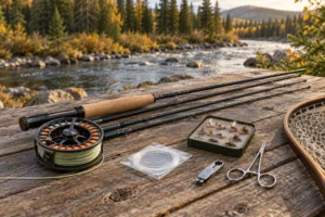 Unbranded fly rod sections, loaded reel, leader, flies and tools on a table beside a Canadian-style trout river.