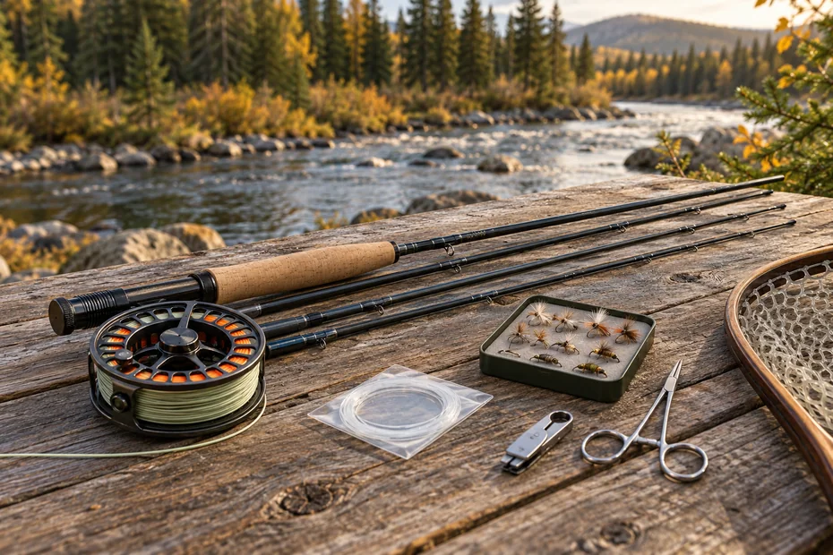 Unbranded fly rod sections, loaded reel, leader, flies and tools on a table beside a Canadian-style trout river.