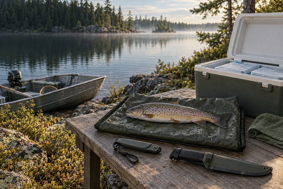 Generated editorial illustration of a supported trout on a wet mat beside prepared cold storage and covered tools; no anatomy demonstration.