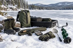 Generic short ice rod, skimmer, protected hand auger, boots, gloves and packed sled on snowy shoreline beside a frozen-looking lake, AI-assisted editorial illustration