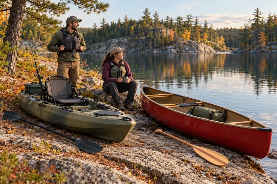 Two anglers wearing flotation beside a fishing kayak and open canoe on a sheltered forest-lake shore; AI-assisted illustration