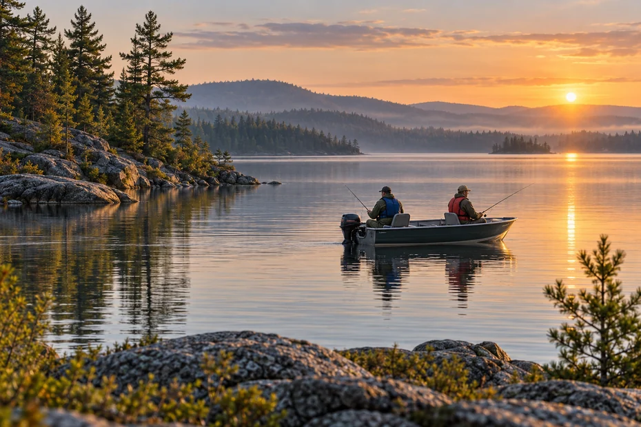 Generated illustration of two seated anglers wearing lifejackets on a pine-fringed Canadian-style lake.