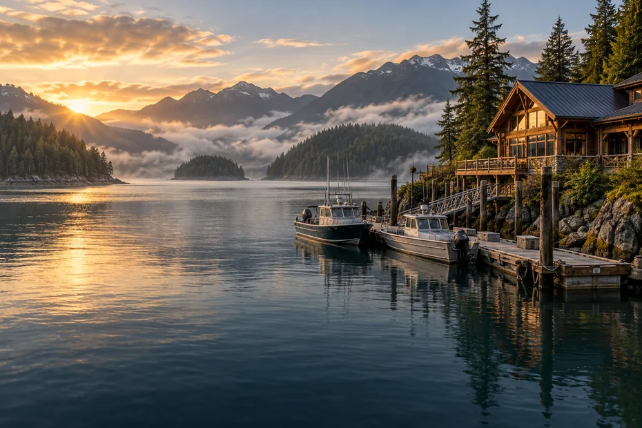 Illustrative BC coastal fishing lodge and boats at a quiet dock; not a named property.
