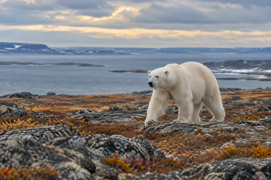 Illustrative polar bear on remote autumn tundra beside a cold shoreline.
