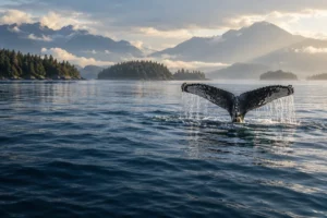 Illustrative humpback whale fluke above a Canadian coastal inlet.