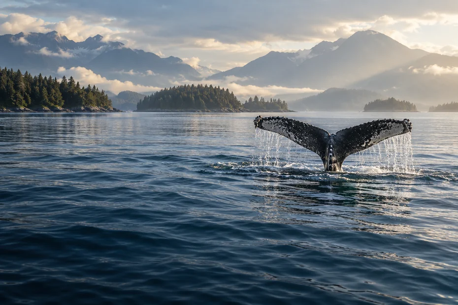 Illustrative humpback whale fluke above a Canadian coastal inlet.