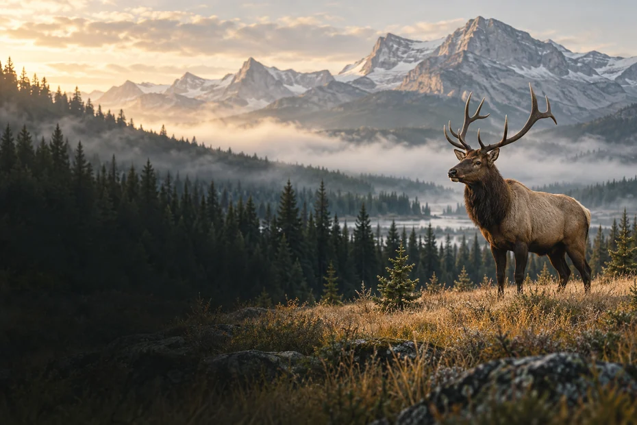 Illustration of a bull elk in an open Canadian mountain landscape; no close human encounter.