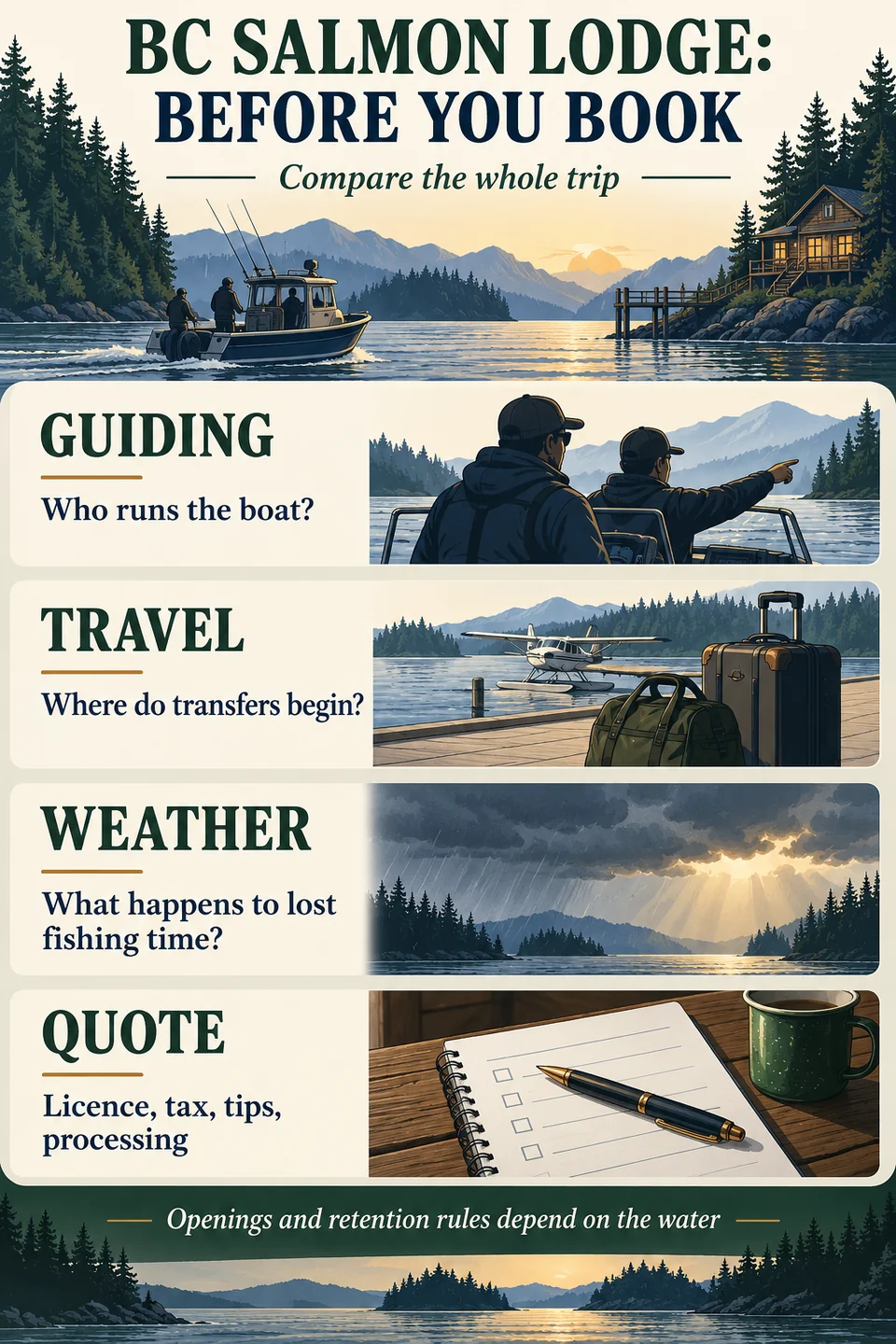 BC salmon-lodge booking checklist: guiding, transfers, weather terms and complete quote.