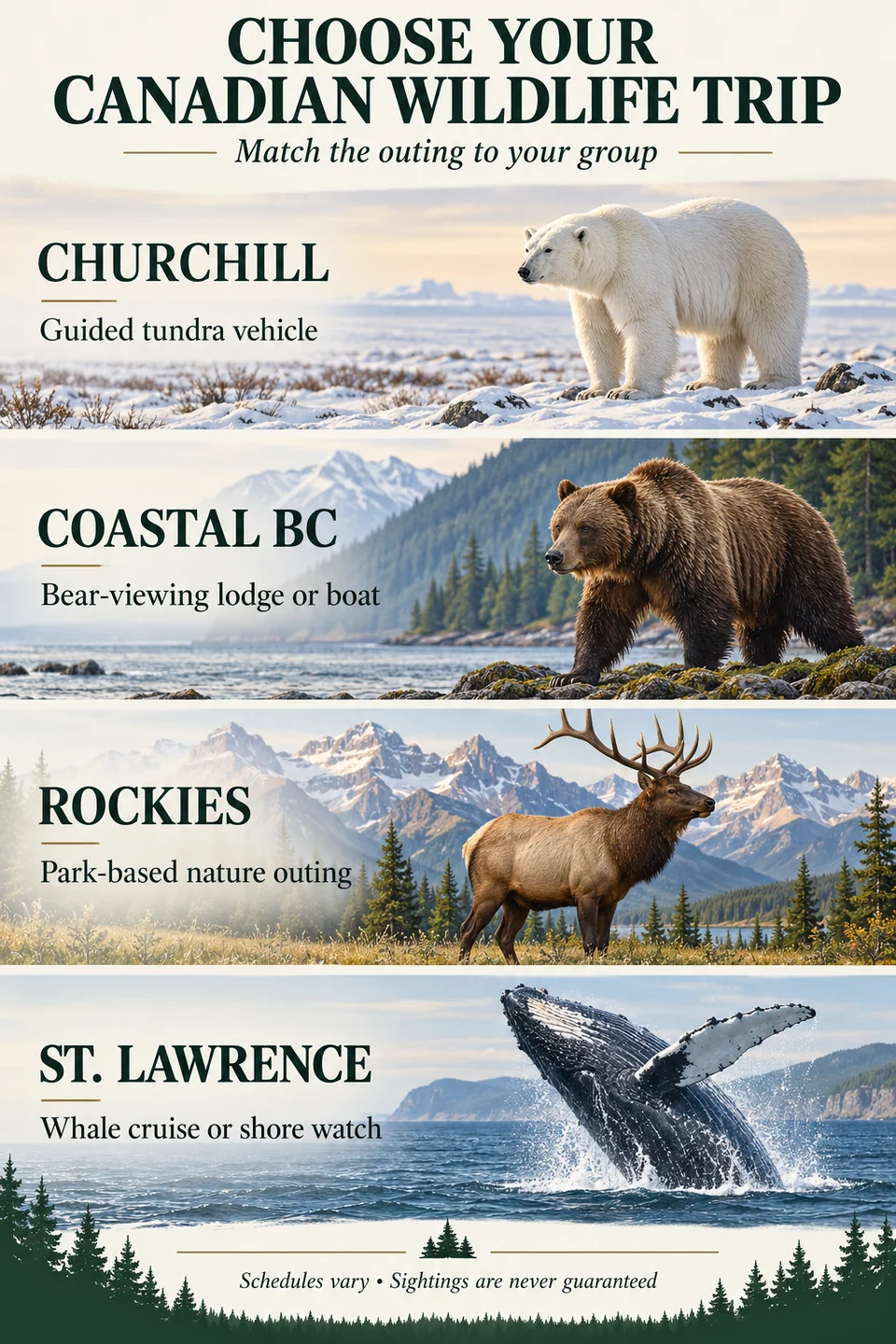 Canadian wildlife trip formats: Churchill tundra vehicle, coastal bear lodge, Rockies nature outing and St. Lawrence whale watch.