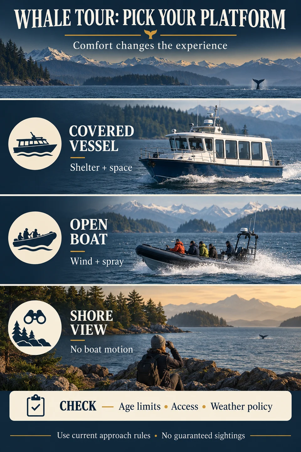 Whale-watching platform comparison: covered vessel, open boat and shore viewing, with booking checks.