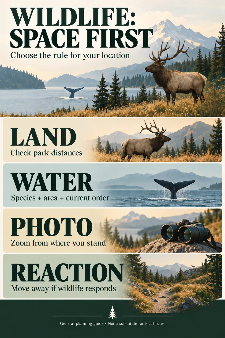 Wildlife viewing decisions: check land and marine rules, use zoom and move away if animals respond.