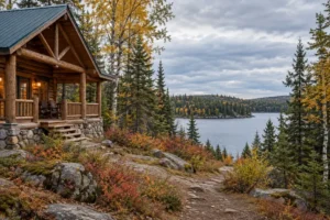 Illustrated autumn wilderness lodge beside a Canadian boreal lake; not a named operator property
