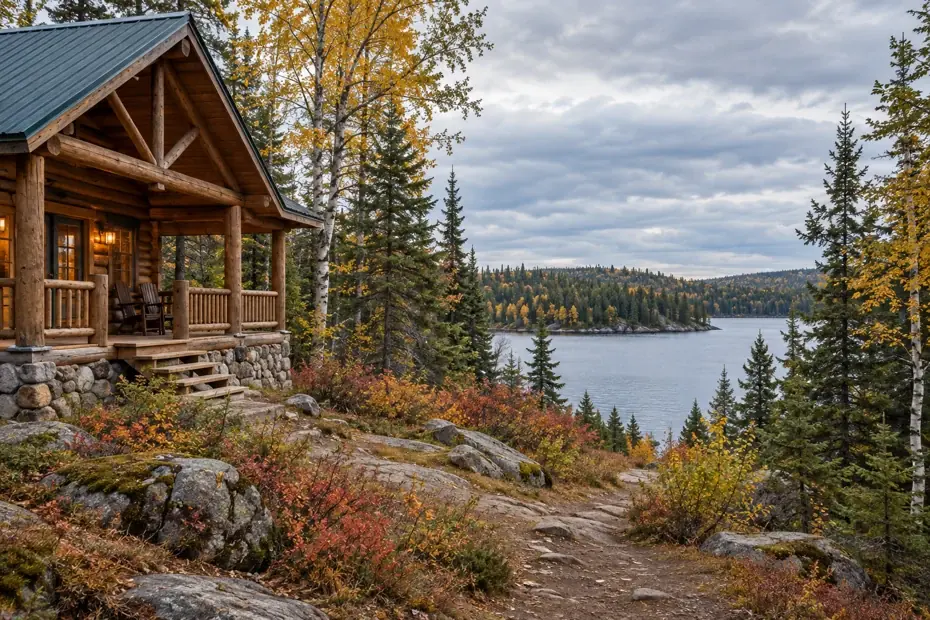 Illustrated autumn wilderness lodge beside a Canadian boreal lake; not a named operator property
