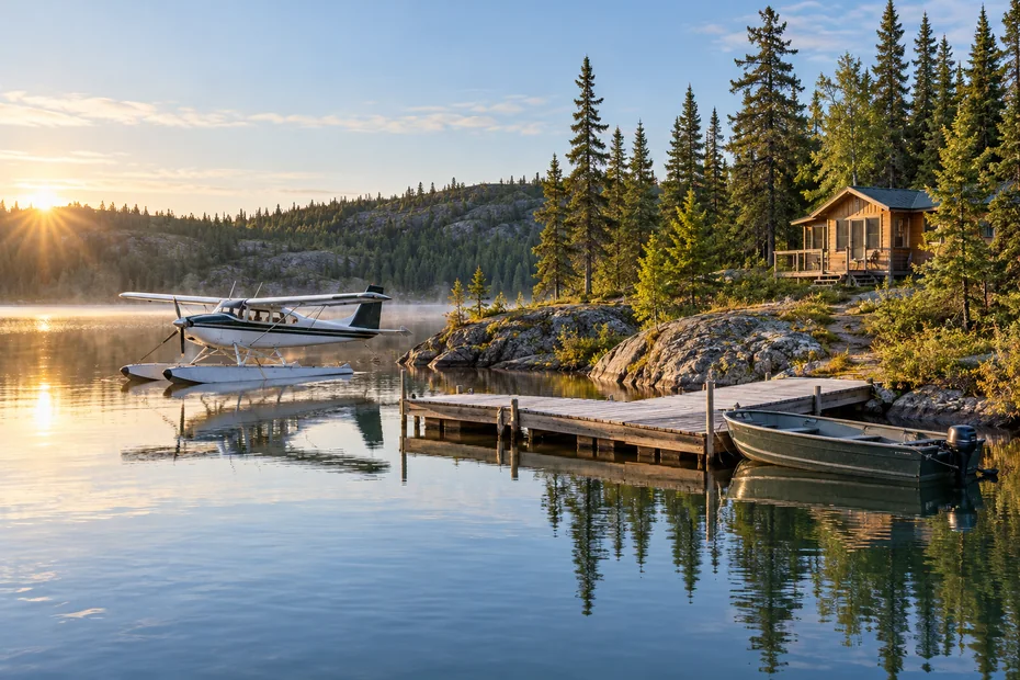 Generic boreal lake cabin, moored floatplane and empty fishing boat, AI-assisted editorial illustration rather than a verified Manitoba lodge