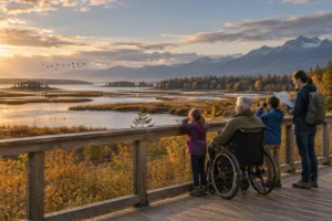 Illustration of a multigenerational family using a level observation platform to view distant wetland birds.