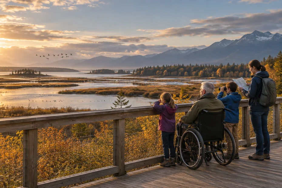 Illustration of a multigenerational family using a level observation platform to view distant wetland birds.