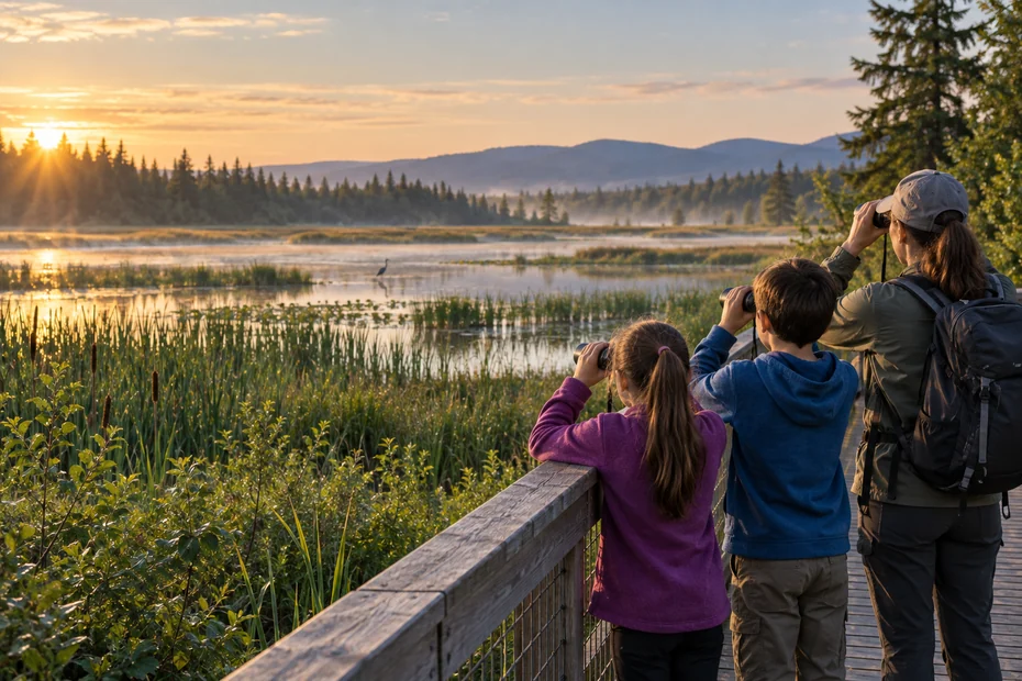 Illustration of children and a supervising parent watching distant marsh birds from a railed boardwalk.