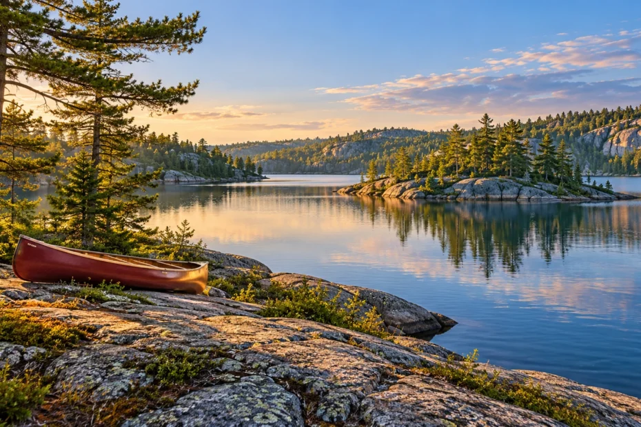 Original illustration of an empty canoe beside a fictional rocky forest lake