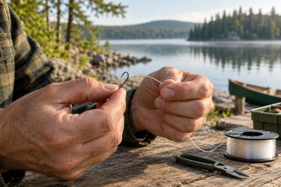 Illustrated hands preparing an eyed hook and monofilament beside a Canadian-style lake