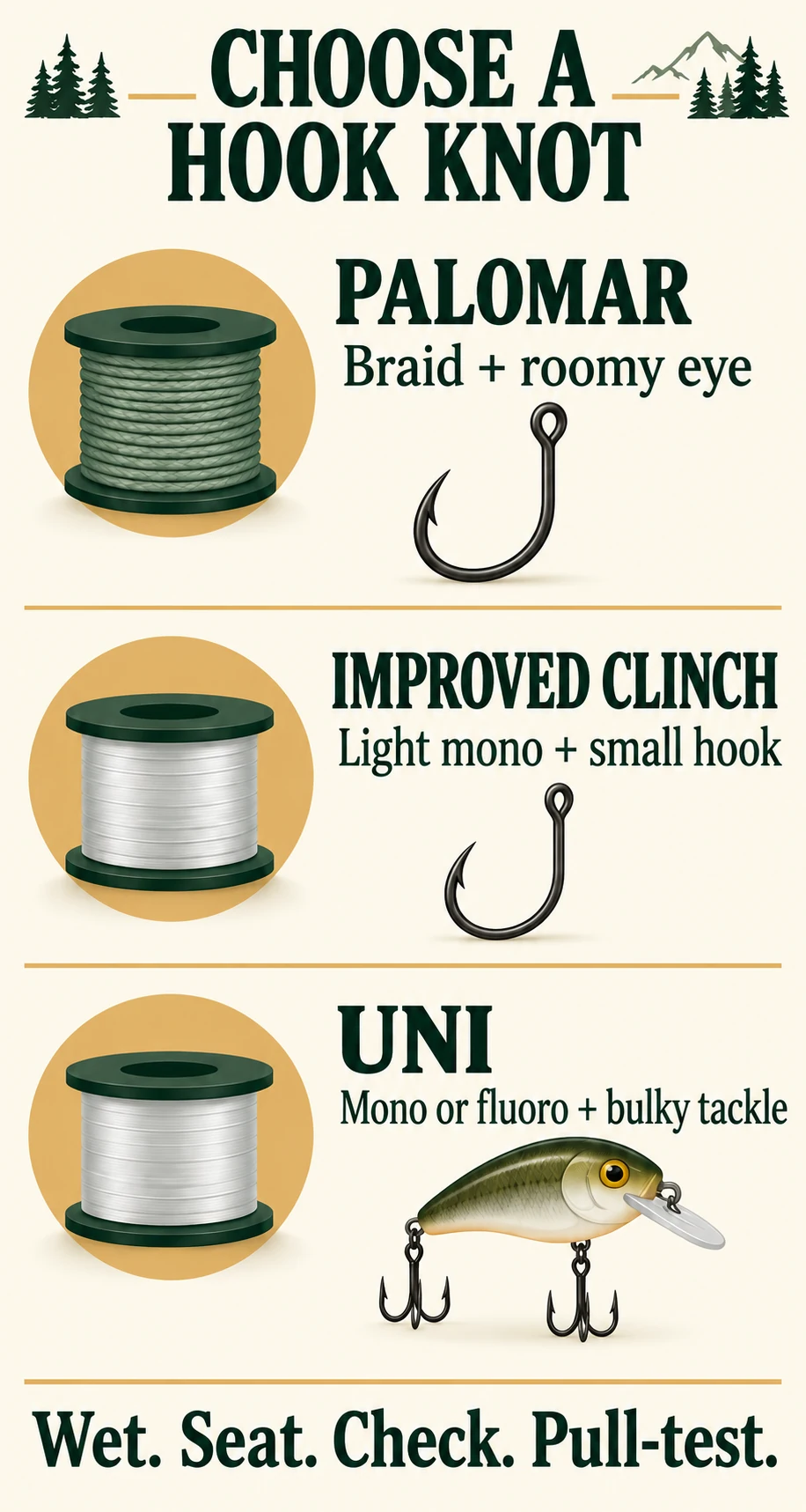 Mobile portrait overview: Palomar for braid and roomy eye, Improved Clinch for light mono, Uni for bulky tackle