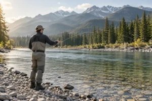 Illustrated beginner fly angler practising from a shallow gravel riverbank