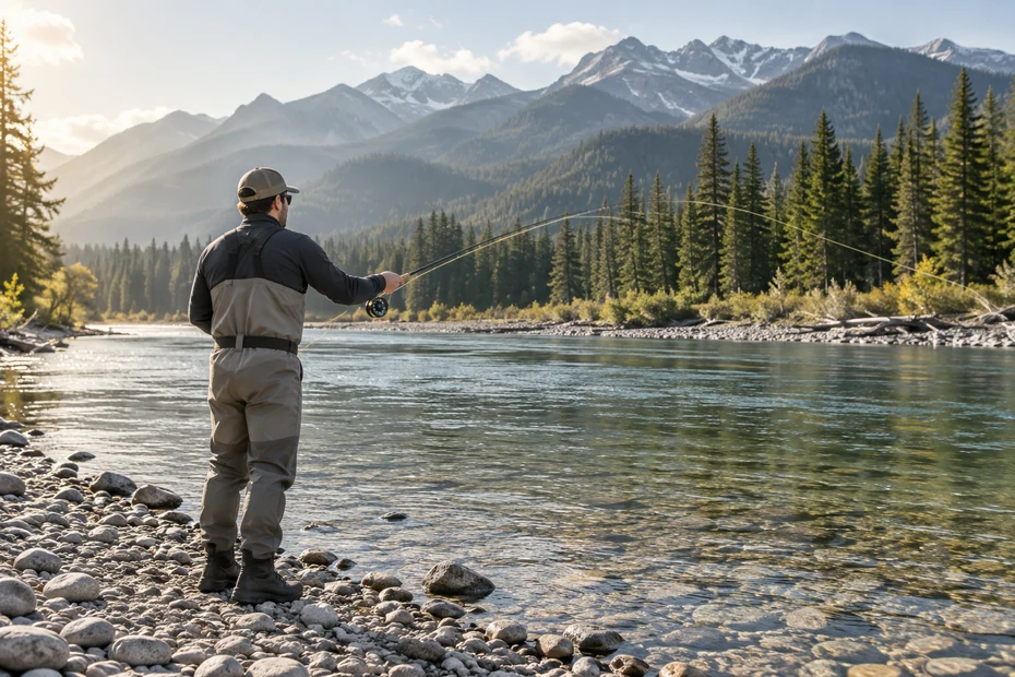 Illustrated beginner fly angler practising from a shallow gravel riverbank