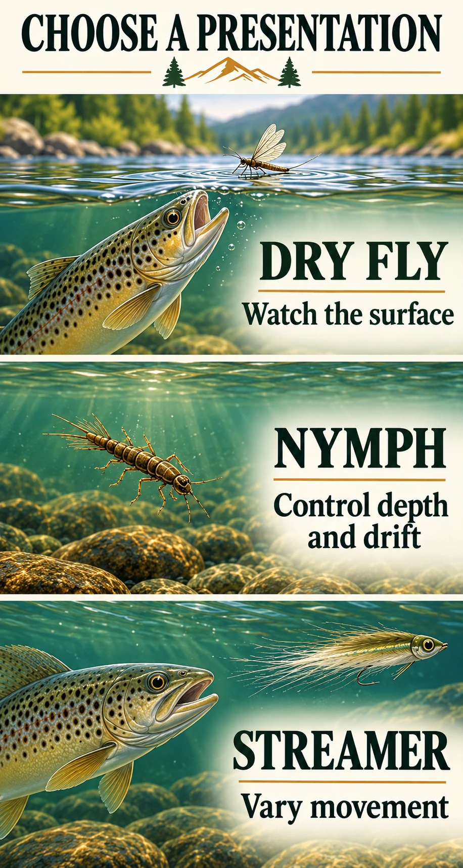 Mobile portrait overview: dry fly at surface, nymph depth and drift, streamer movement