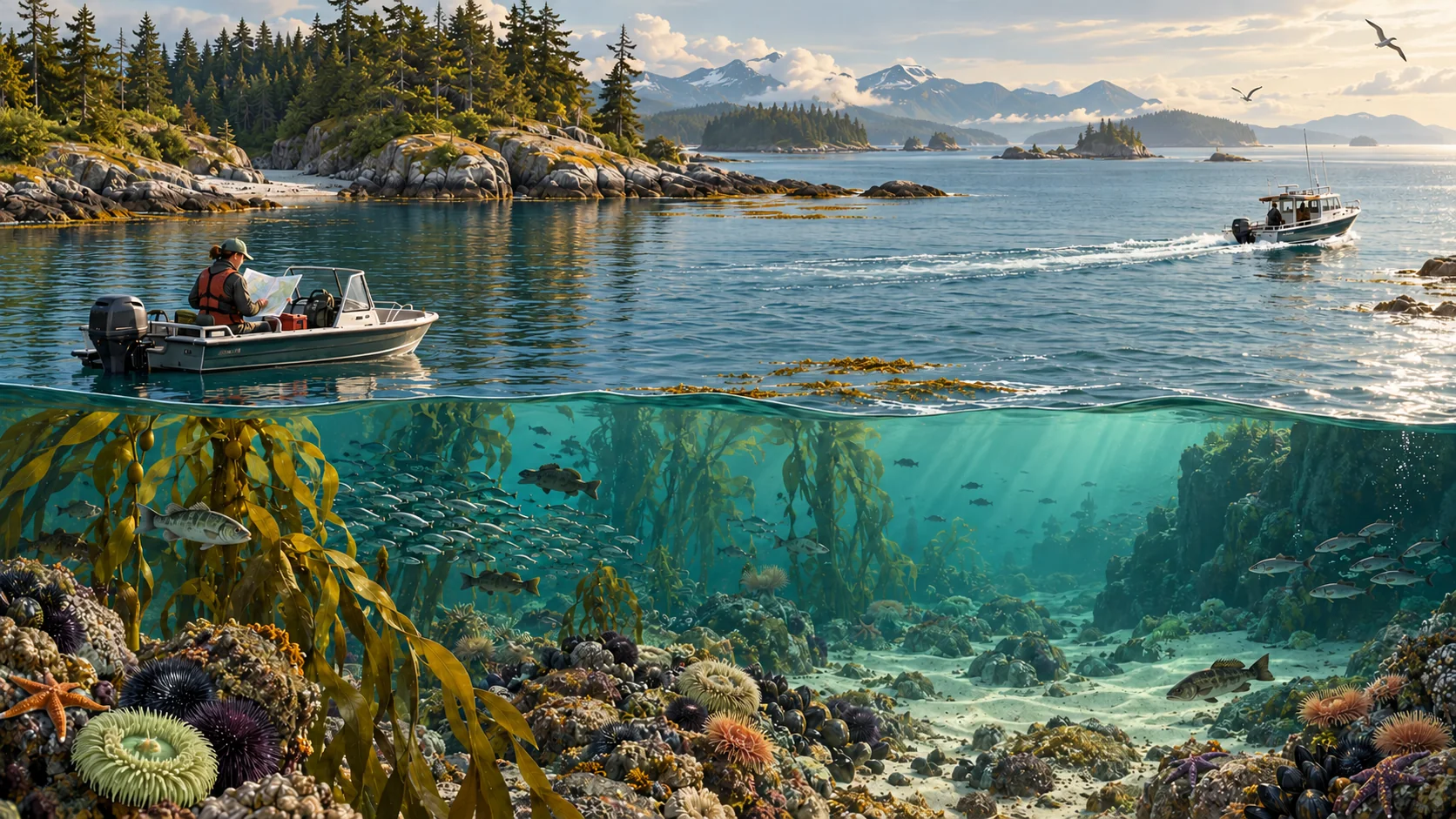 Fictional coastal waters with boats and an underwater habitat