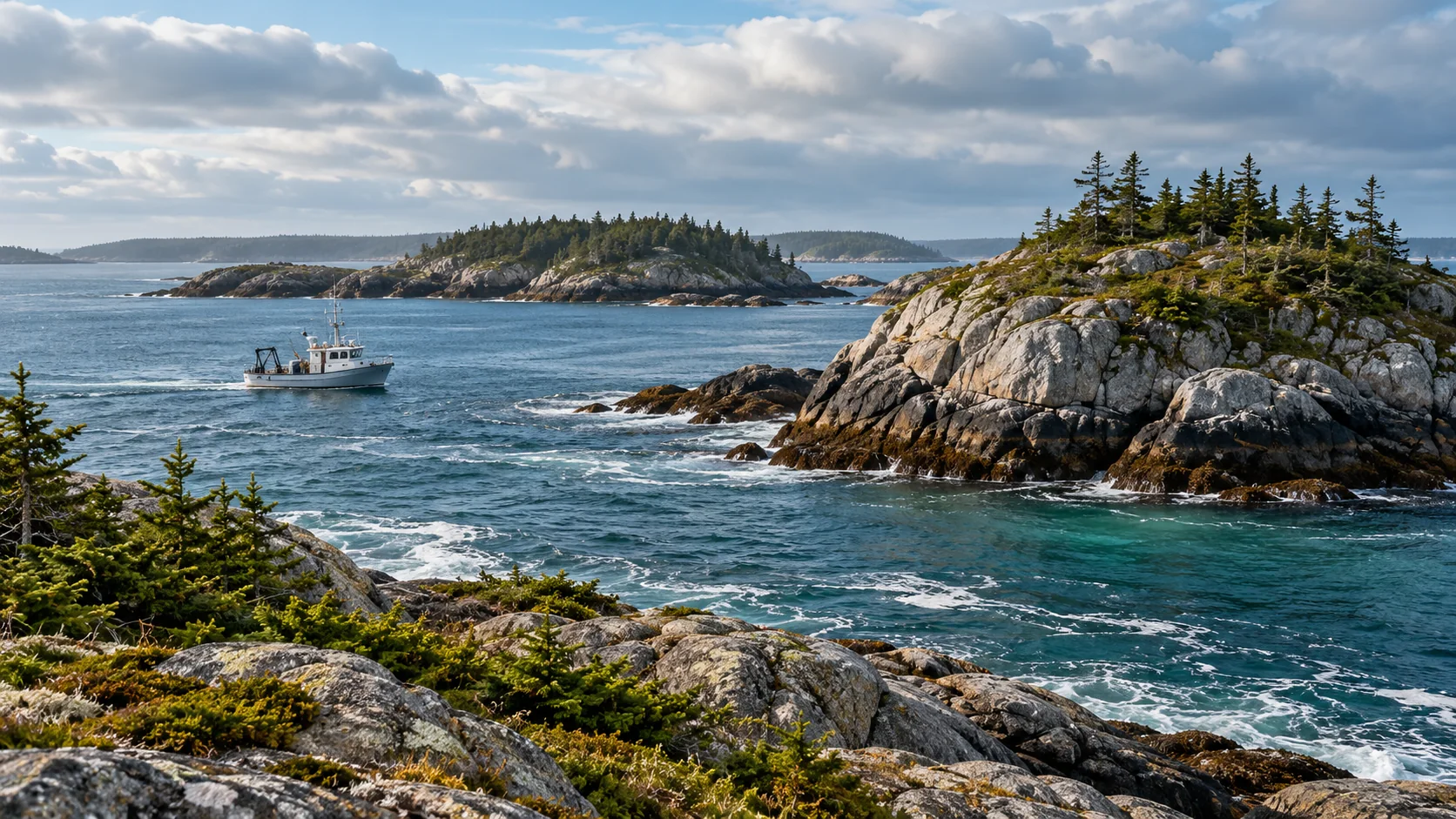 Fictional rocky Canadian coastline and research boat