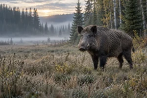 Wild boar at a Canadian forest edge — generated editorial illustration