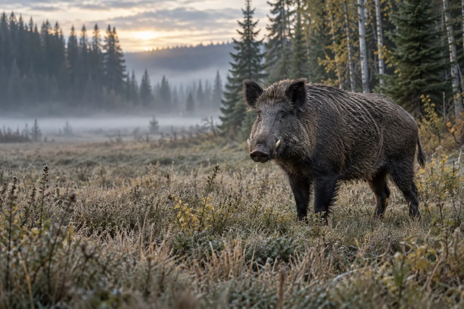 Wild boar at a Canadian forest edge — generated editorial illustration