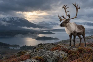 Woodland caribou on northern terrain — generated editorial illustration