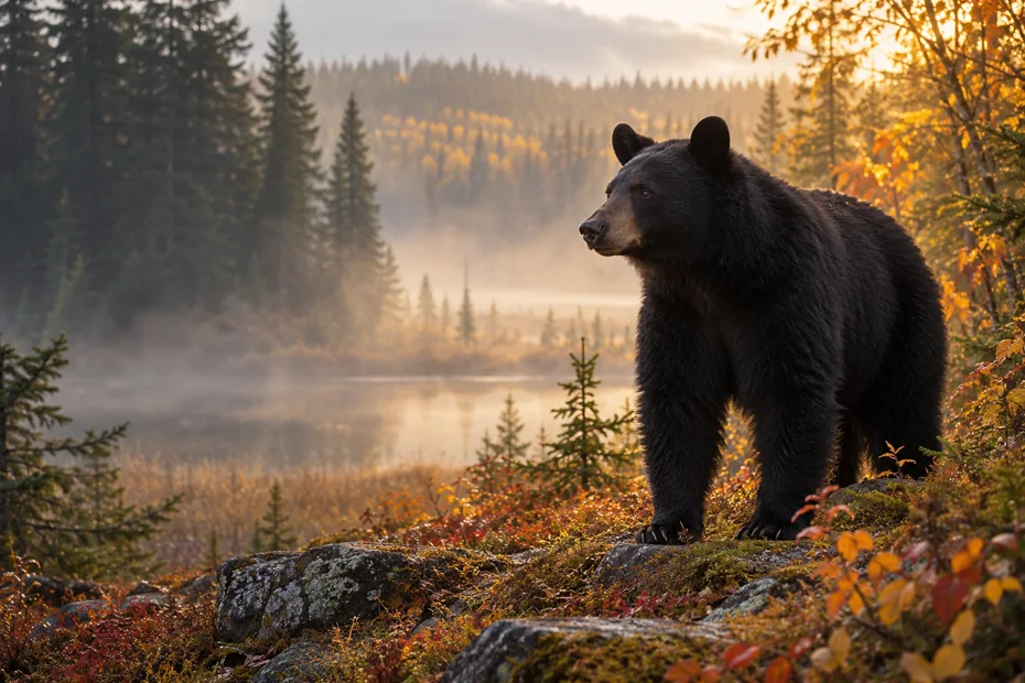 Black bear in an autumn woodland — generated editorial illustration