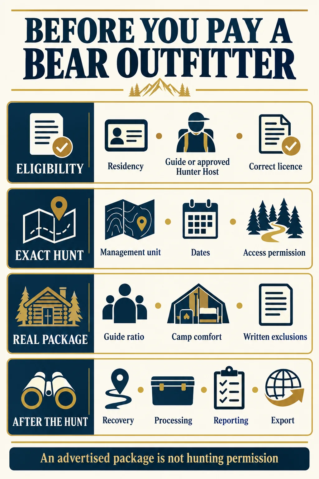 Eligibility, exact hunt, package and post-hunt checks before paying a bear outfitter