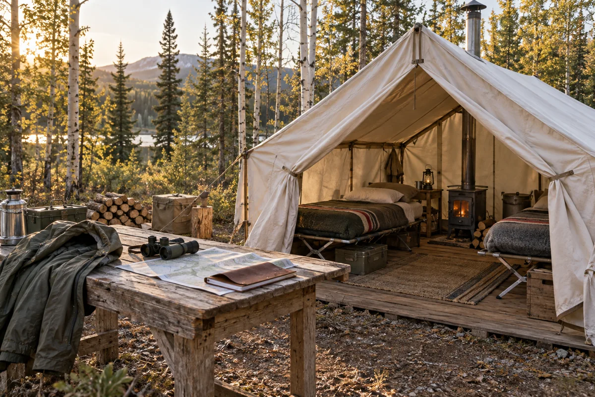 Bedding, heating and personal equipment in an imagined Alberta outfitter tent camp