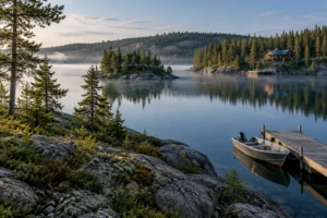 An imagined northern Saskatchewan lake, timber lodge and moored fishing boat — generated editorial illustration