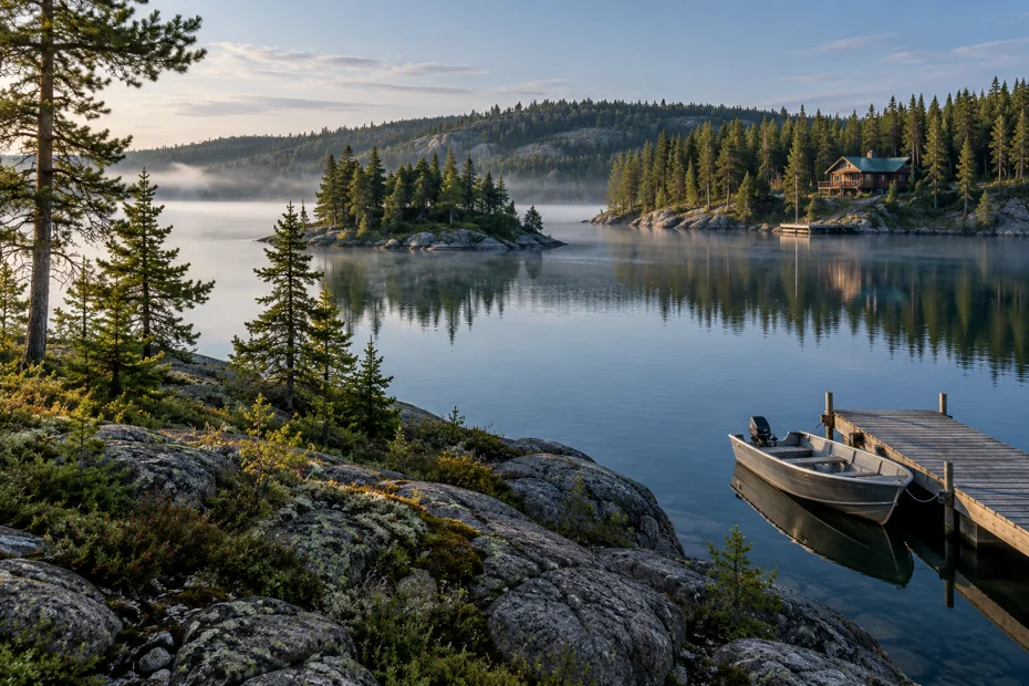 An imagined northern Saskatchewan lake, timber lodge and moored fishing boat — generated editorial illustration