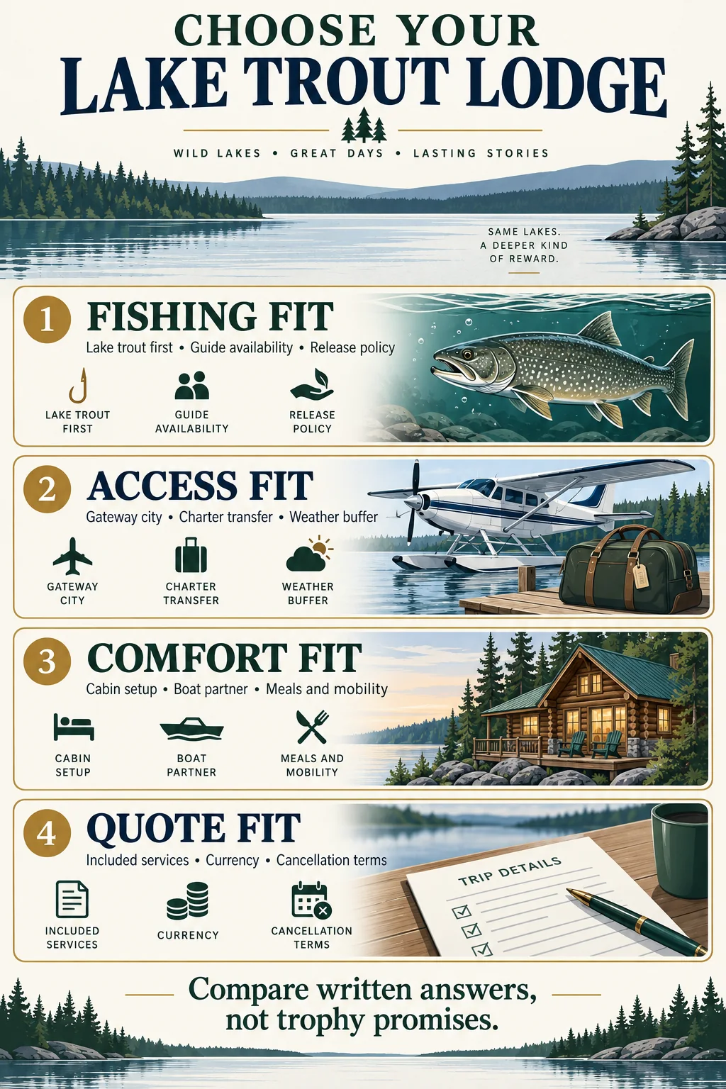 Four comparisons for a lake trout lodge: fishing, access, comfort and quote