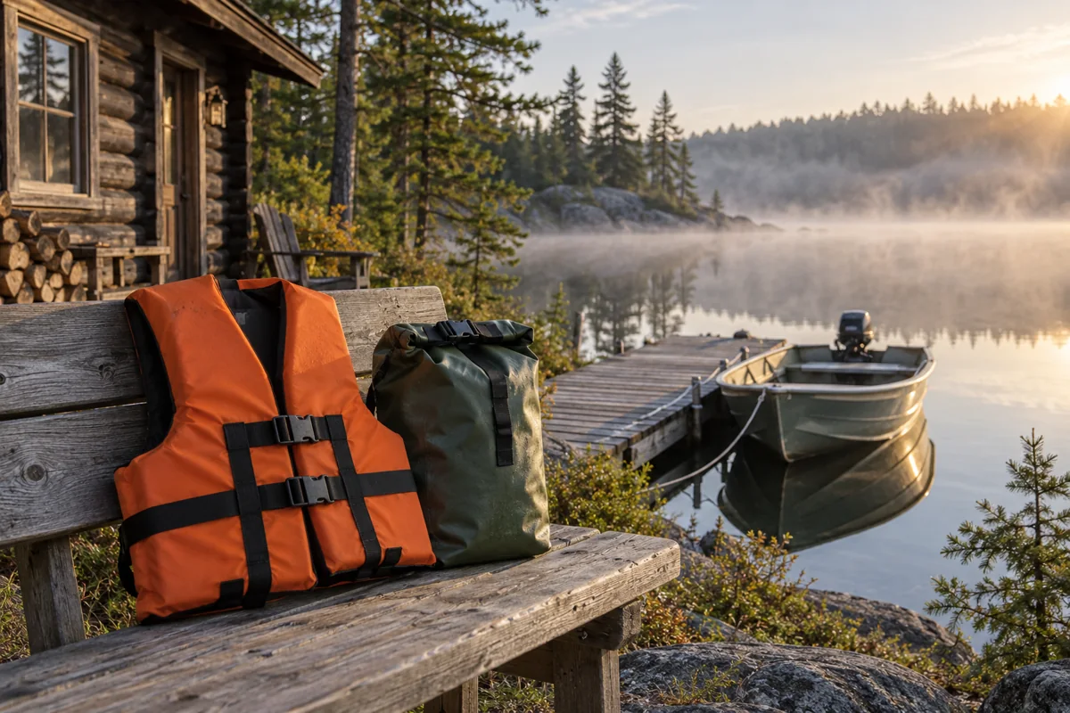 Lifejacket and dry bag beside an imagined fishing lodge dock