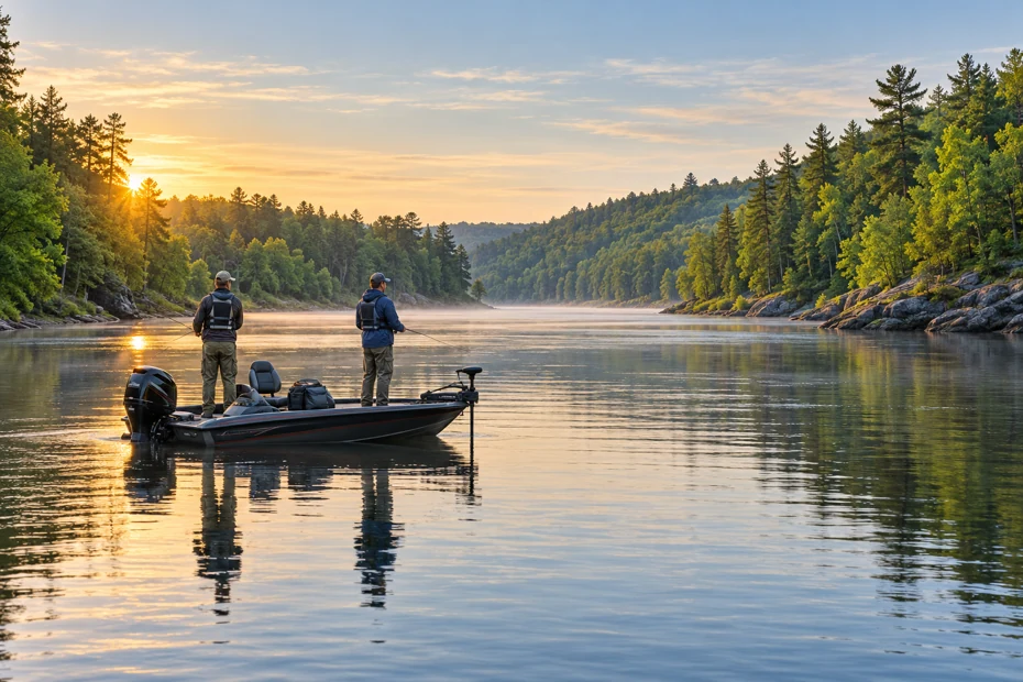 Editorial illustration of two anglers wearing flotation vests in a generic wooded river setting