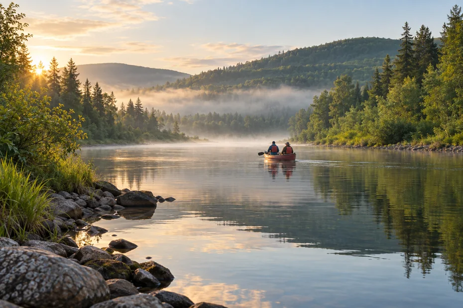 Canoe on an imagined New Brunswick river landscape — generated editorial illustration