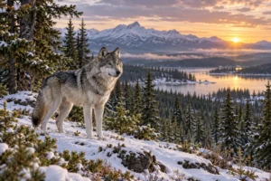 Grey wolf in an imagined Canadian winter landscape — generated editorial illustration