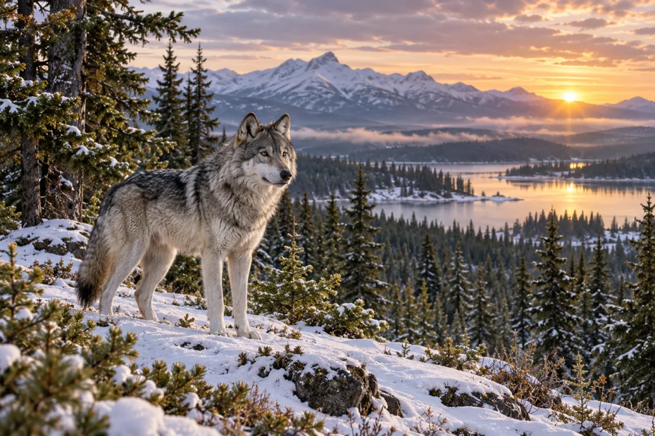 Grey wolf in an imagined Canadian winter landscape — generated editorial illustration
