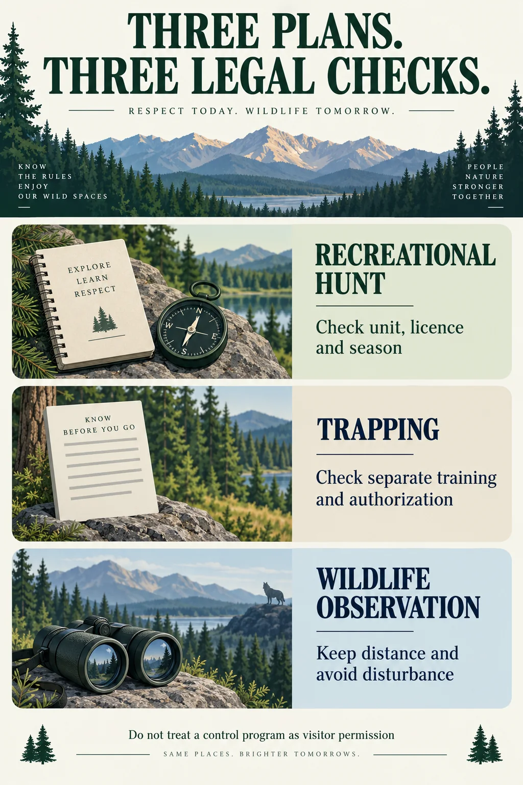 Separate checks for a recreational hunt, trapping and wildlife observation